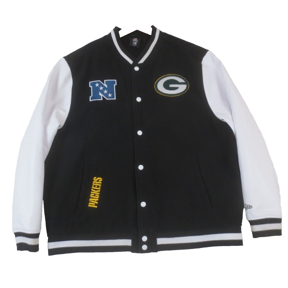Green Bay Packers New Era Third Down Varsity Jacket Mens 2XL‎ Black Snap Bomber